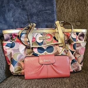 Coach Multicolor Tote with Pink Wallet - Perfect Condition